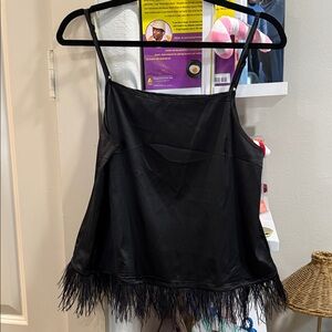 Black Feather Hem Silk Tank Top